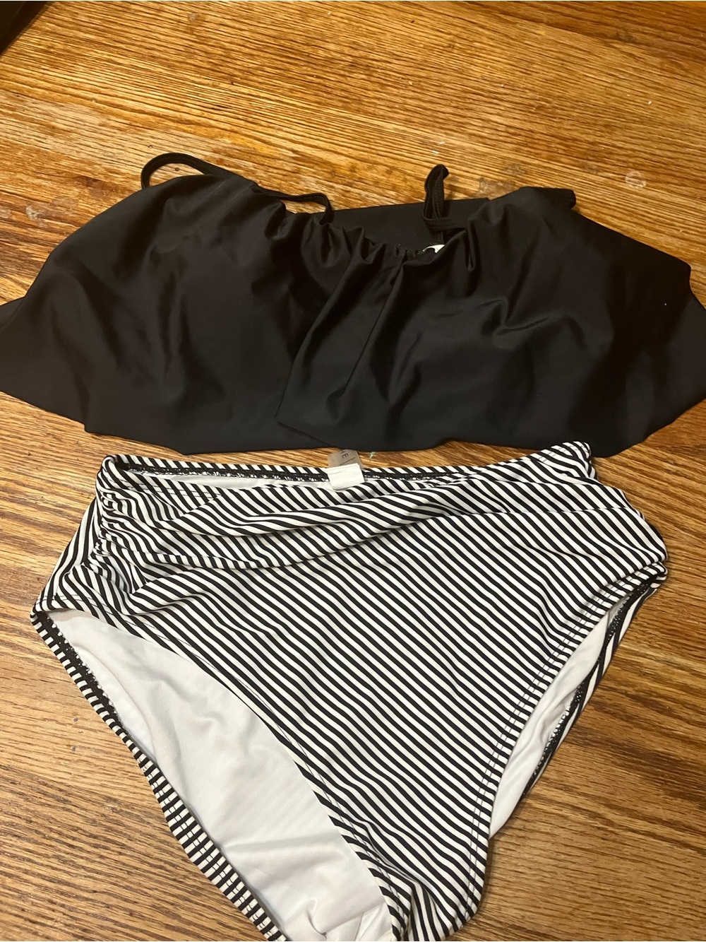 Cupshe Black Bandeau Top with Black & White Striped High-Waist Bikini Bottoms